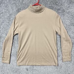 Vintage 80s 90s Adolfo Sport Blouse M Tan Lace Collar Romantic Victorian Prairie